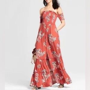 Xhilaration Orange Floral Off-Shoulder Maxi Dress - S